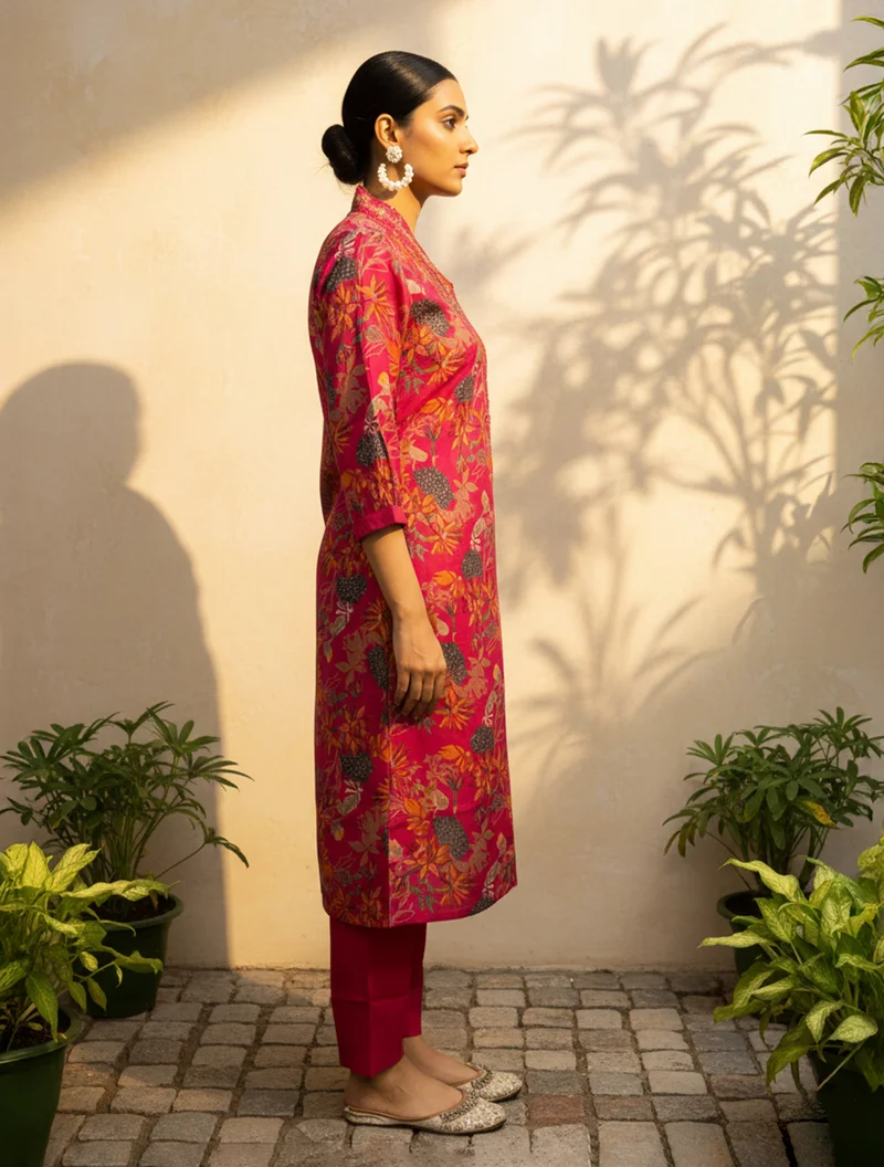 ترو برونز trueBrowns Pink Floral Print Embroidered Kurta Pant Dupatta Set